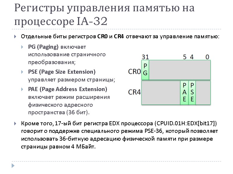 Регистры управления памятью на процессоре IA-32 PG (Paging) включает использование страничного преобразования; PSE (Page